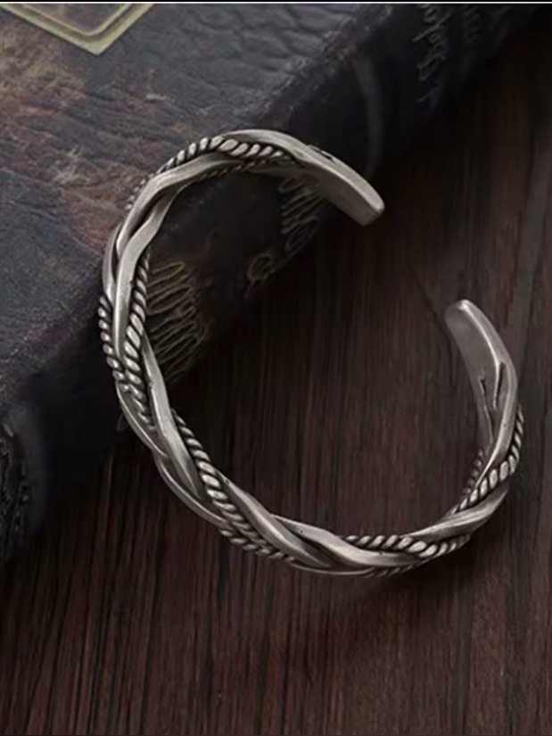 Men’s Hand Waved Real 924 Sterling Silver Bracelet Bangle Cuff
